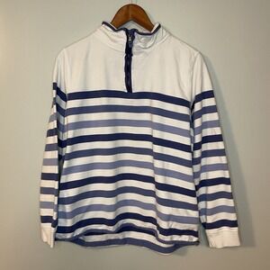 Woolovers Organic Cotton Half Zip Sweatshirt Jumper White Blue Striped Large